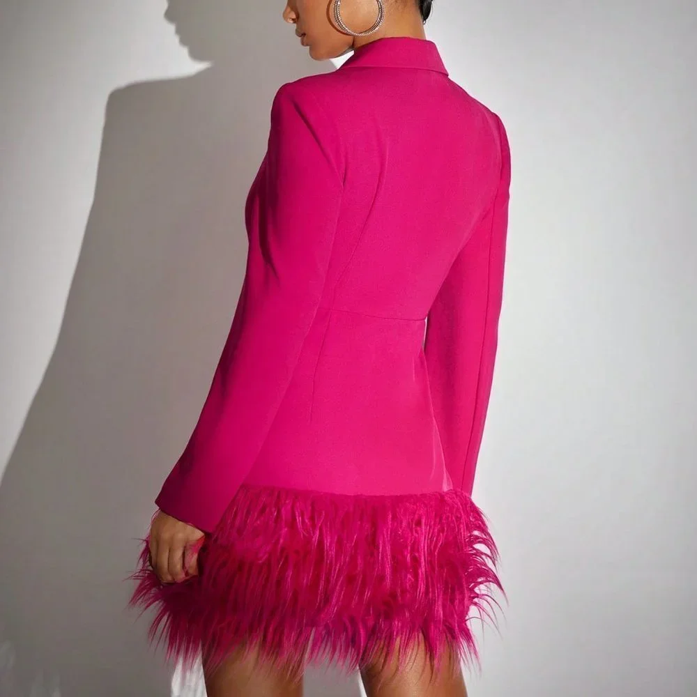 Hot Pink Preppy Womens Double Breasted Fuzzy Hem Blazer Dress - Picture 2 of 5